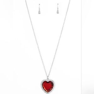 Heart Pendant Necklace and Earring Set in Red and Silver